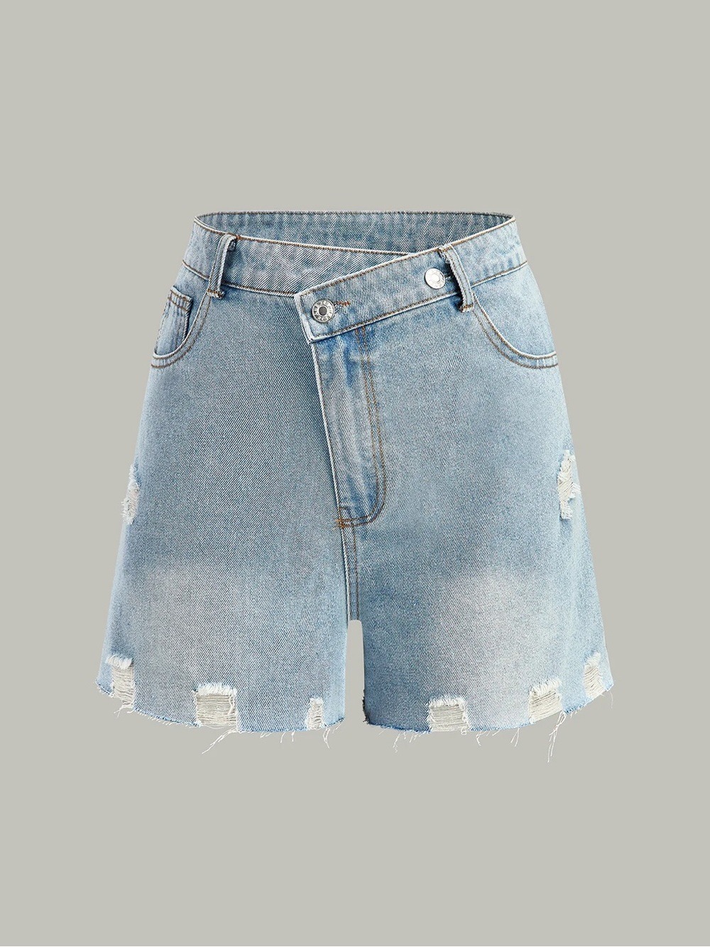 Commense Asymmetric Waist Distressed Denim Shorts